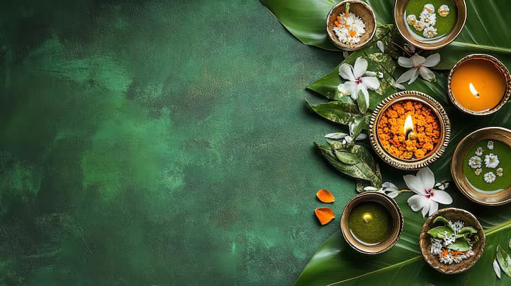 Ayurvedic flat-lay with herbs, brass vessels and warm amber oils arranged on a dark surface